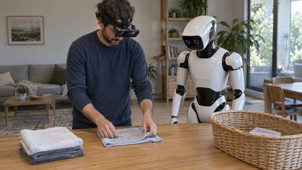 A Nuuduu professional wearing a head-mounted camera folds a towel at a table while a humanoid robot stands beside them and observes